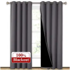 Hot Selling Two Layer Satin Blackout Curtain High Density Polyester Fabric 100% Blackout Curtains for Bedroom Living Room