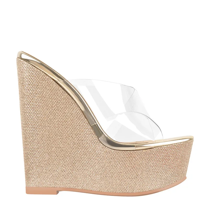 Wetkiss Transparante Riem Glitter Hoge Hakken Goud Witte Slides Sandalen Vrouwen Pvc Peep Toe Wig Sandaal Met Platform