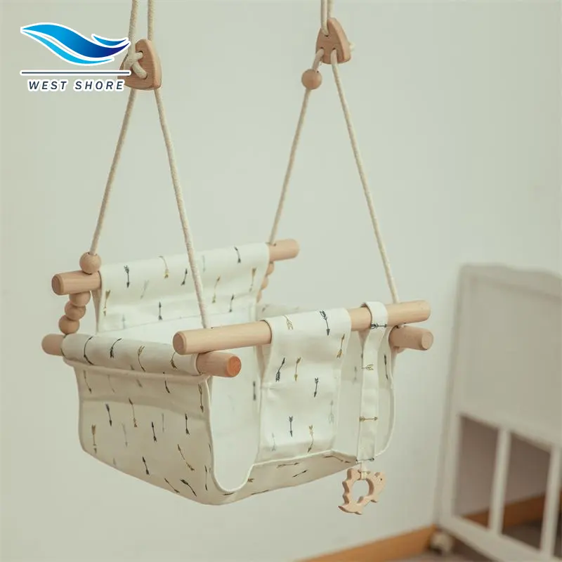 Hot Wooden Baby Swing Chair Canvas Hanging Swing Seat with Cushion Indoor Durable Swing for Infant