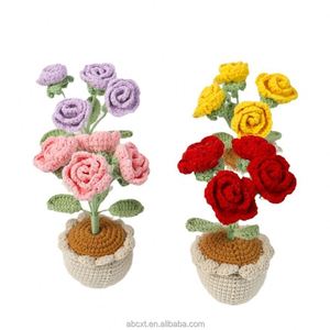 Maceta de Flores de Rosa Tejida a Crochet, 4 Cabezas, Lana Artificial, para Decoración del Tablero del Auto, para Graduación, Día del Padre, Pascua - Product Image 6