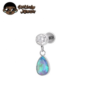 Pendientes roscados Piercing plano del cartílago del trago Joyería Perla Ópalo Piedra G23 Titanio Lágrimas Colgante Gota de plata Moda - Product Image 5