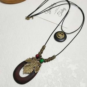 Estilo Étnico Vintage, Cuerda de Cera Negra Trenzada Hecha a Mano, Doble Capa, Cara Sonriente, Hueco, Patrón de Flores, Árbol DE LA Vida, Hoja, Collar de Madera - Product Image 5