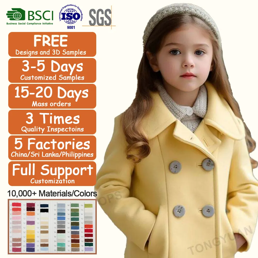 Hot Sale Classy Style Winter Girls Clothing Kids Windbreaker Light Yellow Thick Kids Winter Wool Coats