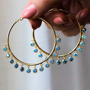 Boho Large Hoop Earrings for Women Aquamarine Blue Crystal Accent Fashion Daily Party Accessories - Product Image 3