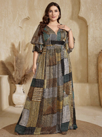 Robe décontractée longue en mousseline fluide à col en V, imprimé patchwork aquarelle aléatoire, taille plissée et manches à volants, grande taille, collection Printemps/Été