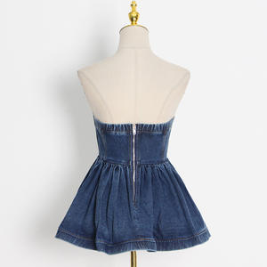 ZHEZHE mode haute qualité femmes nouveau solide femmes <span class=keywords><strong>matures</strong></span> Jean robes sans manches <span class=keywords><strong>Tube</strong></span> à volants Mini robe en jean - Product Image 3