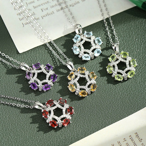 Collier pendentif cercle en pierre naturelle ovale 3*4mm, pavé de 9 pierres fines, en argent sterling 925, bijoux en pierres précieuses colorées, inaltérable - Product Image 3