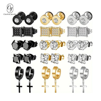 15 paires de boucles d'oreilles en acier inoxydable incrustées de zircon, boucles d'oreilles pendantes en forme de croix pour hommes, bijoux d'oreille, vente en gros