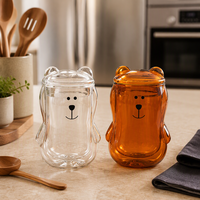 Gobelet en verre à double paroi isolé avec couvercle, motif ours mignon, pour la maison et la cuisine, en verre transparent ambré, pour eau, jus, lait