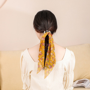 Élastique à cheveux en ruban de soie avec perles, motif floral, accessoire pour queue de cheval, pour femme, décontracté, été 2024 - Product Image 3
