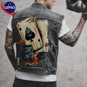 QZFSO Veste en jean décontractée pour homme, impression numérique personnalisée, streetwear d'été, imperméable, délavée à l'acide, 100% coton, surdimensionnée - Product Image 1