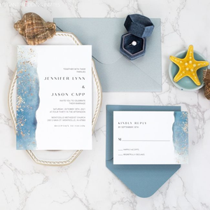 การ์ดเชิญงานแต่งงานริมทะเลสีฟ้าสไตล์โมเดิร์น พร้อมการ์ดตอบรับ สำหรับงานเลี้ยงฉลองคู่บ่าวสาวธีมคลื่นทะเลและปลาดาว - Product Image 3