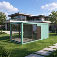 Maison en verre moderne, préfabriquée, modulaire, avec structure en acier, fenêtre à auvent et porte solide, idéale pour jardin, villa, complexe hôtelier ou gîte.