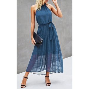 Women Halter Neck Long Maxi Dress Loose Chiffon Sleeveless Backless With <b>Belt</b> Casual Summer Sundress <b>Elastic</b> Waist - Product Image 2
