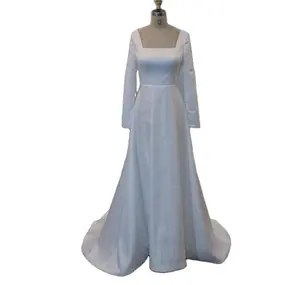 Simple Crepe Elegant Square Neck Sheath Line Bridal Gown Ivory Crepe For Wedding