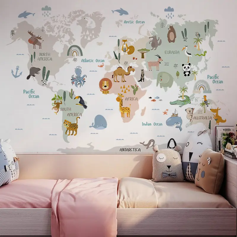 Cartoon World Animal Release Map Wall Sticker Cartoon cute animals decalcomanie soggiorno carta da parati decorativa