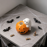 Redeco Porte-bougie en céramique en forme de citrouille fantôme, support pour bougie chauffe-plat d'Halloween, décor de table mignon Jack-o'-lantern pour la maison
