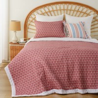 Ensemble de literie Queen en tissu imprimé à blocs de couleur corail vintage, 3 pièces, motif floral, bordure de contour superposée, cadre rayé