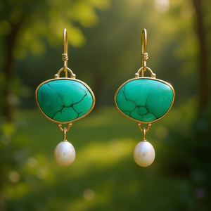 Orecchini Pendenti Dorati E374 da Donna con Turchese e Perle Imitate, Montatura a Castone, Gioielli Classici alla Moda in Lega - Product Image 2