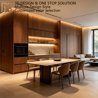 Meubles de cuisine de luxe italiens en noyer avec armoires hautes du sol au plafond, table à manger intégrée, mobilier de villa sur mesure