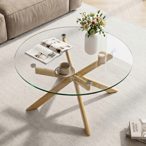 Table basse en verre trempé avec pieds en bois massif, meubles de salon modernes, durables et multifonctionnels - Product Image 2