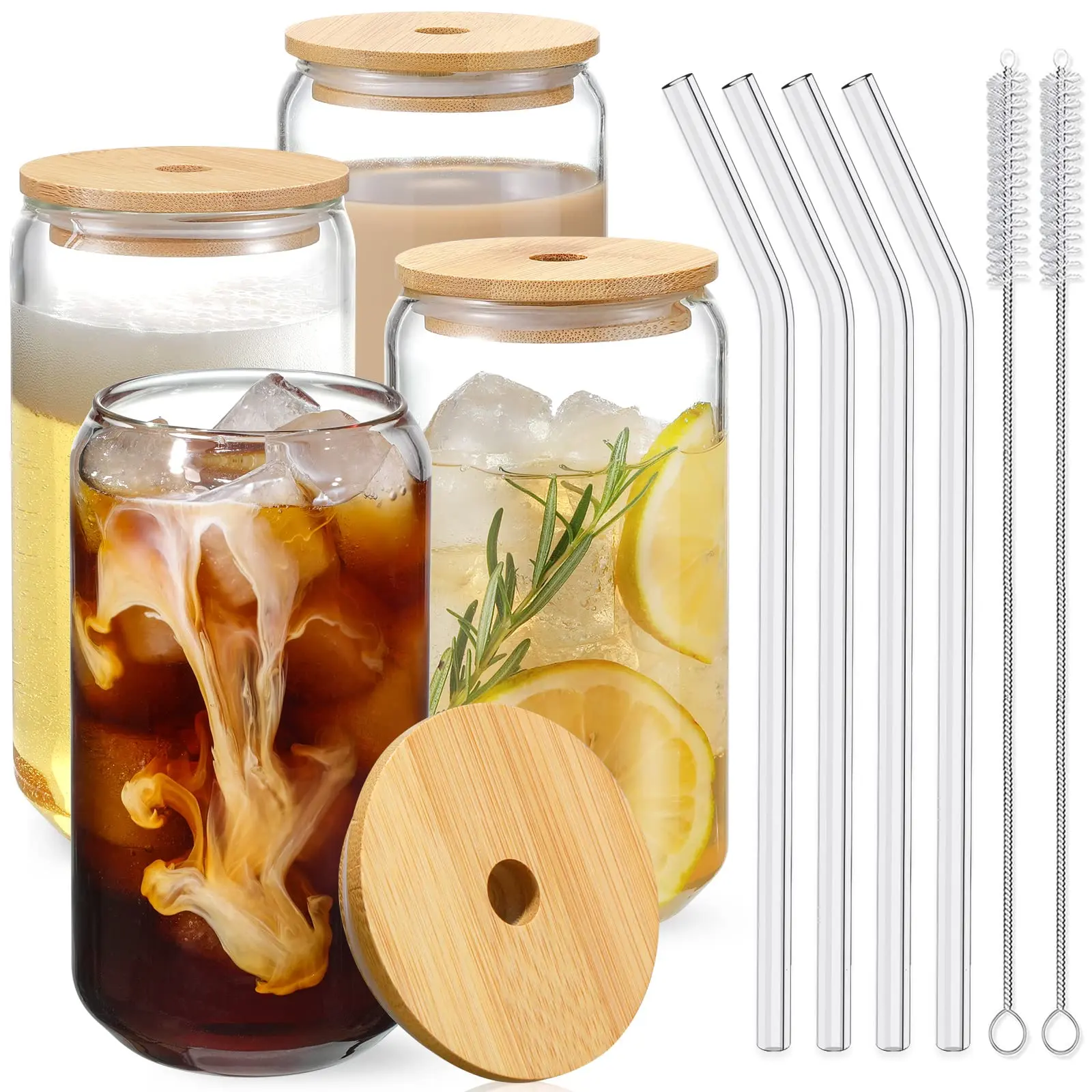 Vasos de vaso para beber en forma de lata de 16oz al por mayor con tapa de bambú y pajita de cristal para zumo, bebida, leche