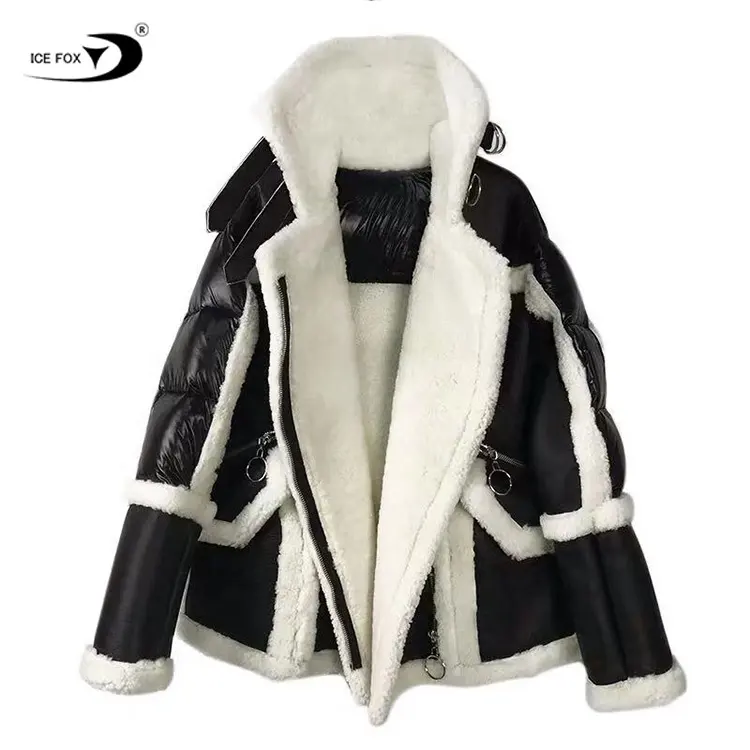 Hot Selling Women Long Sheep Lamb Fur Leather Wool Fur Duck Down Jacket