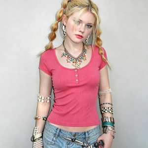 เสื้อยืดทรงพอดีตัว ยืดหยุ่นสูง สไตล์ Y2K เป็นมิตรกับสิ่งแวดล้อม สีพื้น สำหรับผู้หญิง ใส่สบายในฤดูร้อน แขนสั้น ทรงสี่เหลี่ยม - Product Image 3