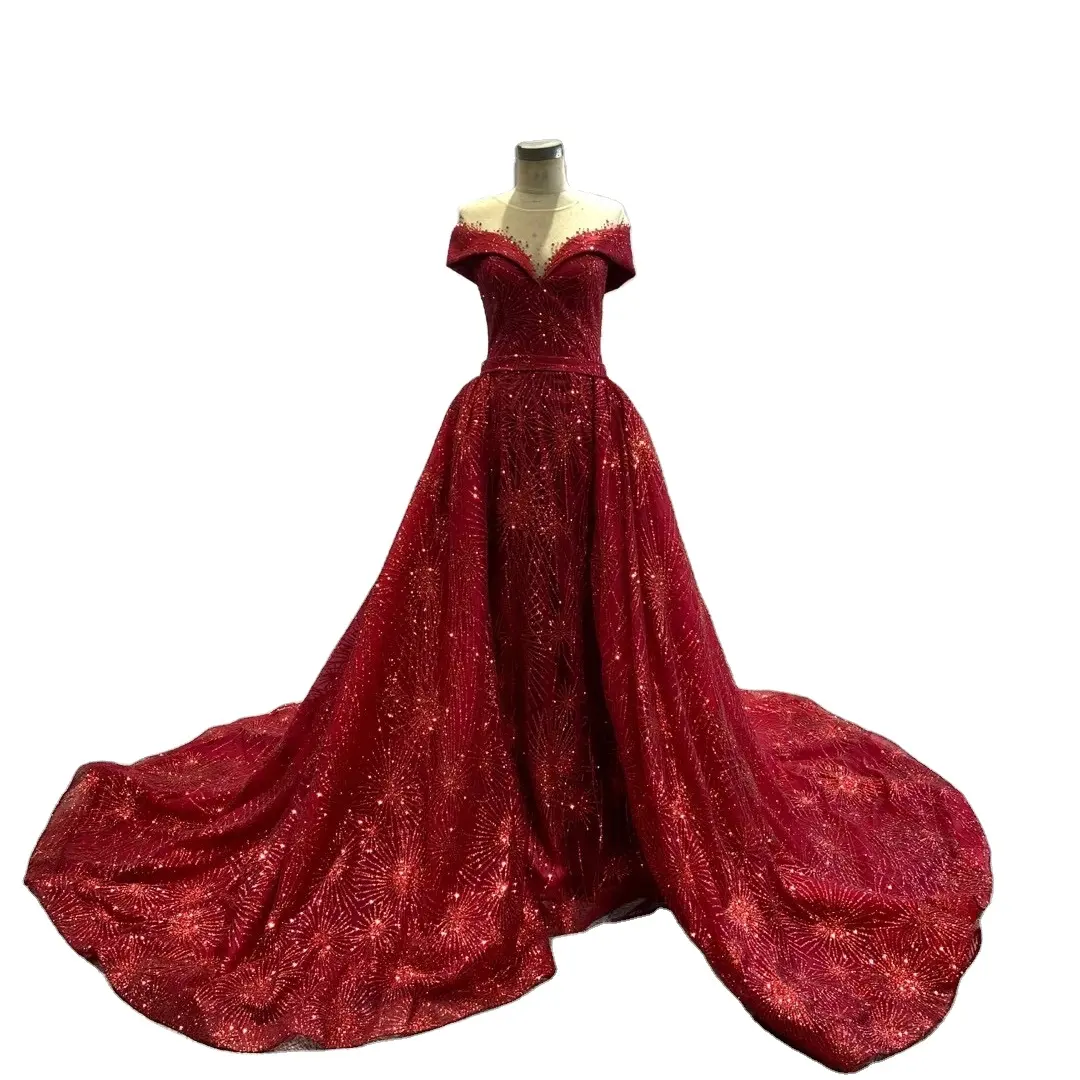 Dark red New design luxury Ball gown Wholesale ball bridal dress sequins lace wedding dress Detachable Train