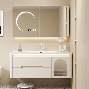 Armadietto da bagno moderno in rovere semplice con angoli arrotondati con <span class=keywords><strong>specchio</strong></span> da bagno in ceramica con <span class=keywords><strong>specchio</strong></span> da bagno in crema per lavabo Set - Product Image 1