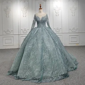 Jancember DY9965-1 Light Green Ball Gown Full Sleeve Best Quality Luxury Sequined Evening Gown Dress Elegant