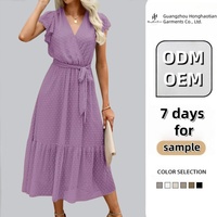 Robe d'été bohème florale mi-longue personnalisée ODM/OEM pour femme, col en V, sans manches, avec ceinture, coupe trapèze et ourlet plissé, style naturel