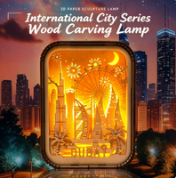 Lampe d'ambiance LED personnalisée avec logo rétro, en bois massif naturel, sculptée en 3D, effet superposé, veilleuse, boîte à ombre paysage urbain, cadeau Glycine
