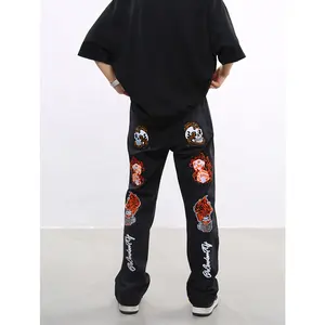 American high street wash done old embroidery skeleton jeans hip hop loose straight casual pants men