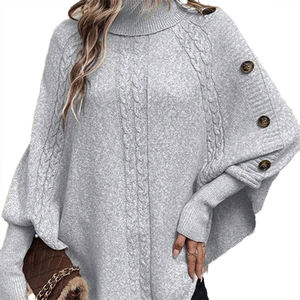 Pull de style nouveau, vêtements pour femmes, motif de mode personnalisable, design ample personnalisé, col roulé, bouton, manches chauve-souris - Product Image 3