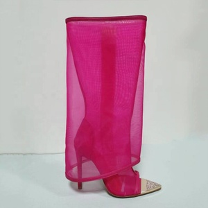 Fishnet <b>Knee</b> <b>High</b> Boots Women Mesh <b>High</b> Heels Stiletto Diamonds Summer Shoes Wide Fit Overlay Sandals - Product Image 3