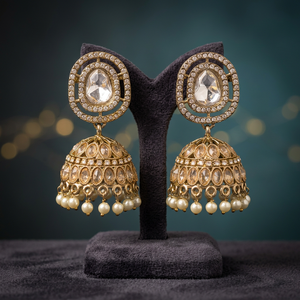 Boucles d'oreilles classiques et élégantes en moissanite Mehandi Polki Jhumki, bijoux indiens traditionnels pour mariage, fête et occasions festives - Product Image 4