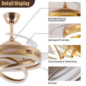 Moderno ventilador de techo negro y dorado de lujo con luz LED y candelabro colgante de cristal con control remoto - Product Image 4