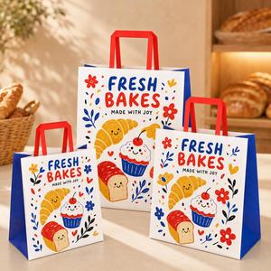 Sacs en papier personnalisés imprimés brillants avec poignées plates pour boulangerie, pain, gâteaux, emballage alimentaire à emporter, sacs de courses – Vente en gros directe usine - Product Image 5