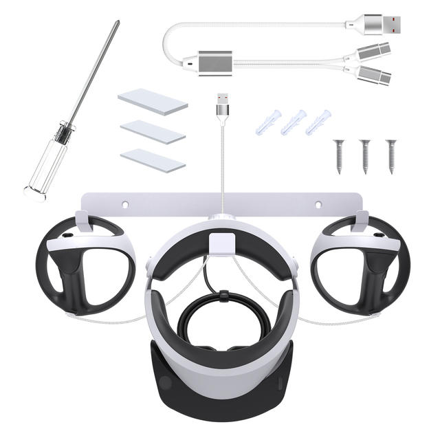 Heavy-Duty Wall Mount Storage Stand for PS VR2 - Metal Build, Large Storage Space, Easy Installation with Charging Cable