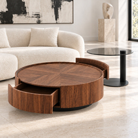Table basse contemporaine en bois massif de forme ronde avec tiroirs de rangement incurvés, verre fumé, base noire, meubles de salon