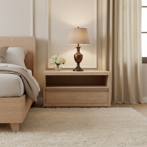 RH BEZIER Table de chevet fermée tiroir étagère ouverte en bois de chêne massif écologique durable table de chevet moderne pour <span class=keywords><strong>chambre</strong></span> salon - Product Image 2