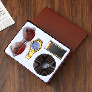 Ensemble cadeau pour <span class=keywords><strong>homme</strong></span> de haute qualité, 3 pièces, montre argentée, ceinture noire, lunettes de soleil aviateur, ensemble de montres de mode pour <span class=keywords><strong>homme</strong></span>, boîte cadeau - Product Image 4