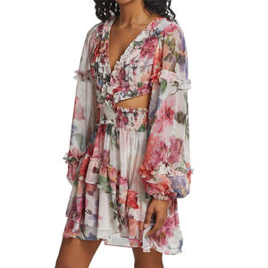 2026 nouveautés dame élégant évider imprimé fleuri plissé volants manches longues bouffantes a-ligne Floral Mini robe - Product Image 2