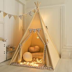 Imprimir Gingham Kids Play Tent Play House Toys Carpa tipi para niños pequeños con alfombrilla acolchada Bunting Banner Fairy Lights - Product Image 1