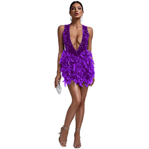 Nuevo Vestido <span class=keywords><strong>Mini</strong></span> Sexy con Lentejuelas y Plumas 2026 para Mujer, Escote en V Profundo, Espalda Descubierta, Ajustado, para Fiesta, Club, Cóctel, Venta al por Mayor R9198 # - Product Image 4