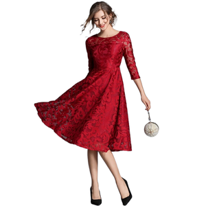 Moda donna girocollo 3/4 maniche lunghe scava fuori Paisley pizzo dimagrante Plus Size Dress - Product Image 6