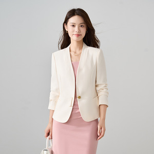 Women's Collarless Blazer Beige Slim Fit Anti-Wrinkle Solid Color Polyester Worsted Spring Autumn Street Style Chic - Product Image 1