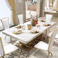 Meubles de salle à manger de style italien, ensemble de table à manger de luxe avec plateau en marbre naturel et 6 chaises pour restaurant