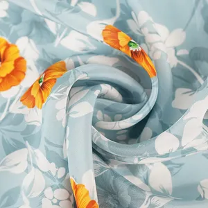 100% Silk Satin 16mm 14mm 12mm 19mm Fabric Blue Color Orange Floral For Home Textile